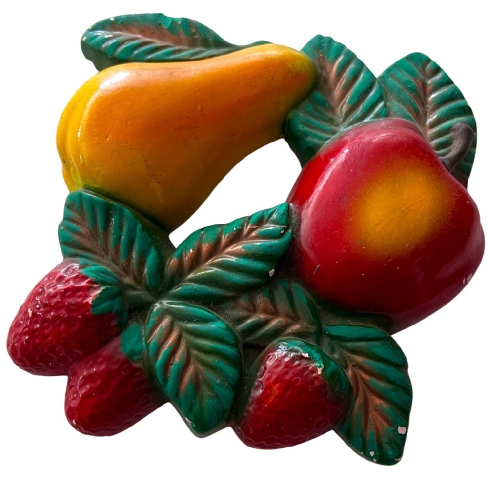 Vintage Arkansas Red Clay Fruit Wall Plaque Pear Apple Strawberries kitschy - Picture 3 of 12